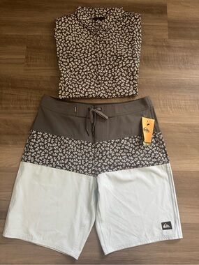 Quiksilver SurfSilk BoardShorts & Button Up Shirt- Floral Grey & Light Blue